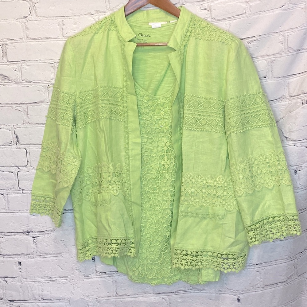 Chico's Green Crochet Sleeveless Top Linen Jacket Set Size 16 Chico’s Size 3